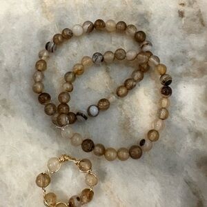 Natural agate Brown Beaded Bracelets and Ring Set 6mm beads